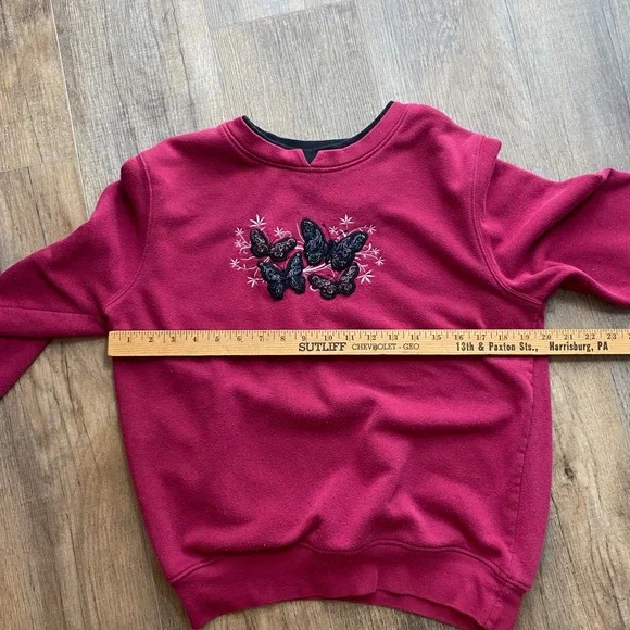 Blair Womens Butterfly Embroidered Fleece Sweatshirt Magenta Pink PM Petite Med - Picture 5 of 6